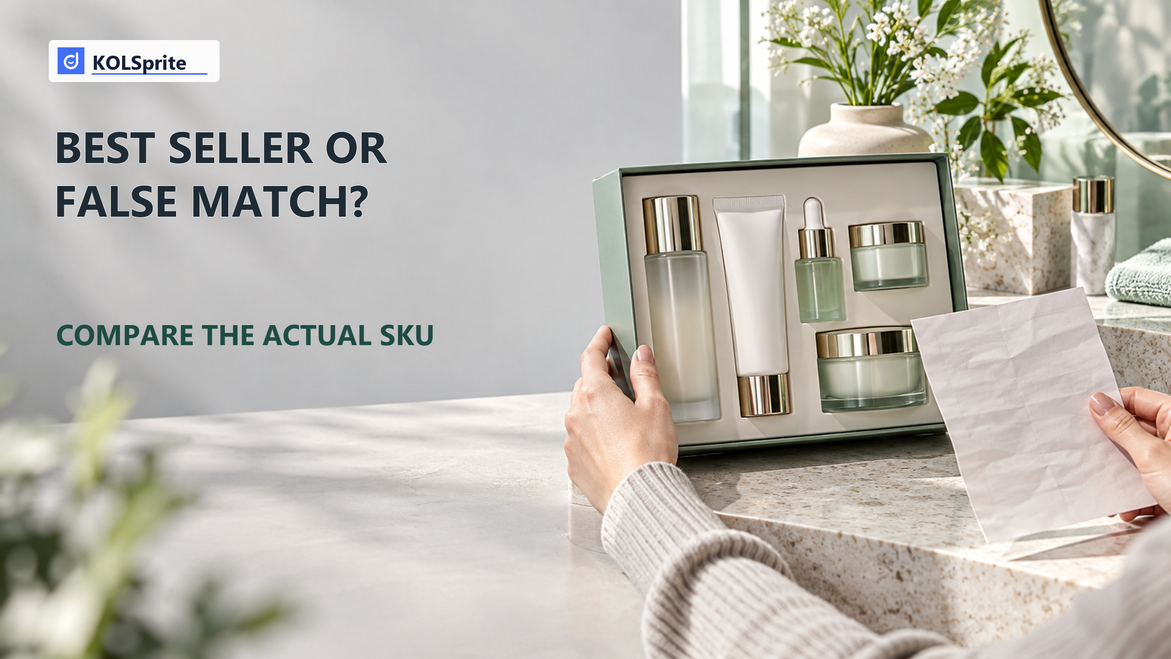 Boxed skin-care set beside a shopper's note, with a question about comparing a best seller to an actual SKU