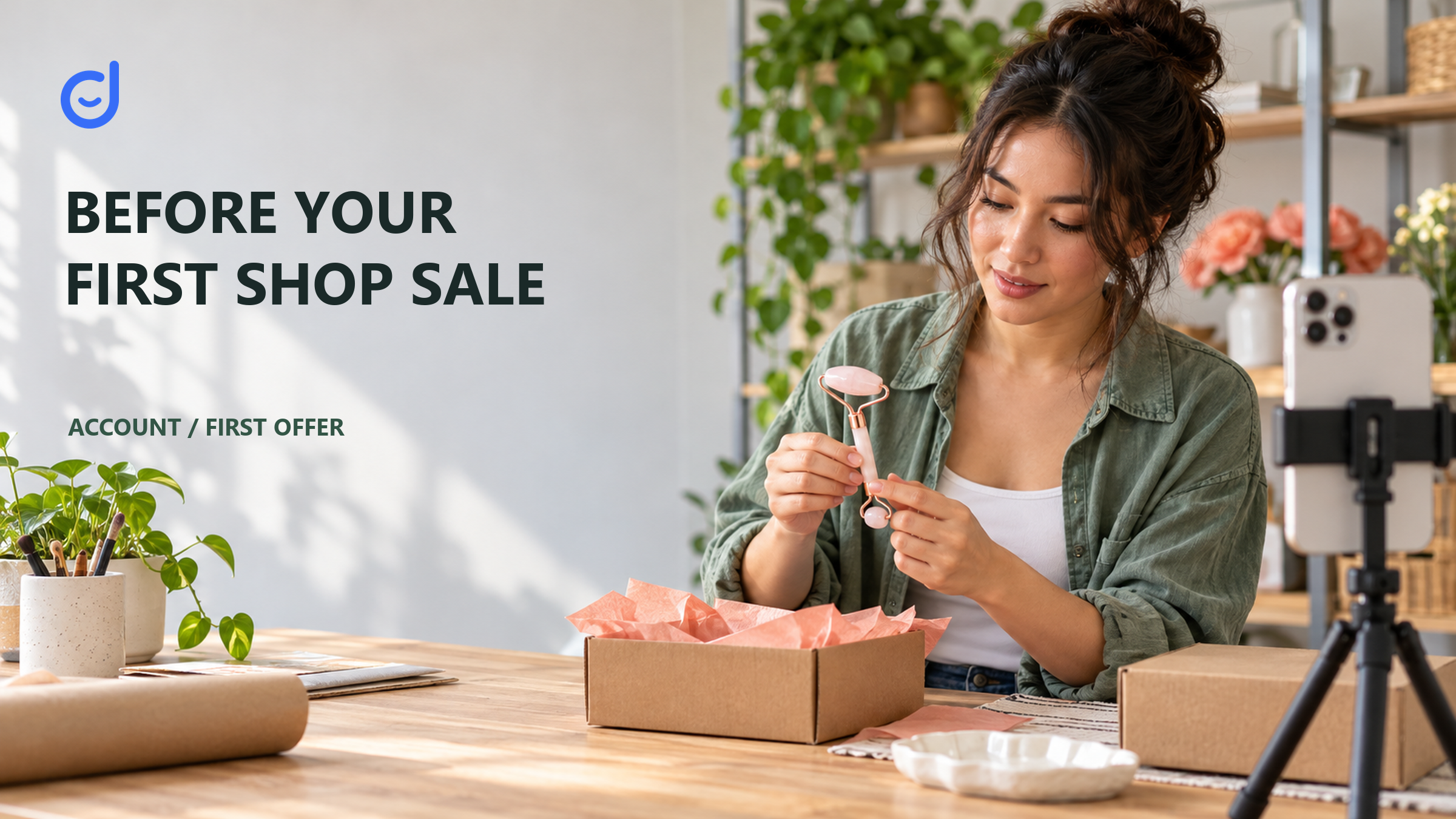 Small-business seller preparing a beauty item for video and shipment beside the headline Before Your First Shop Sale.