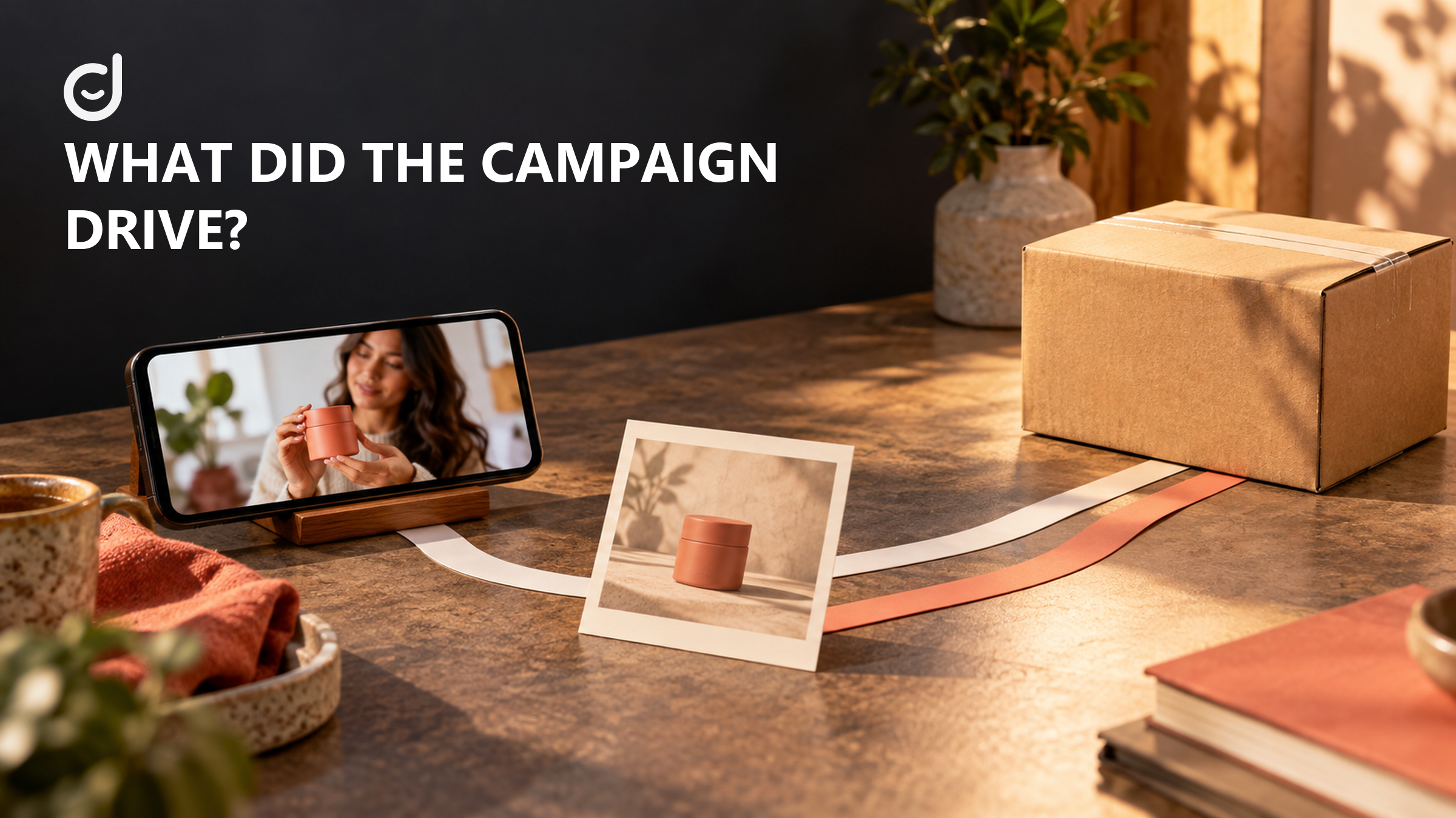 A creator video and product photo lead toward a shipped parcel, illustrating an off-Amazon campaign measurement question.