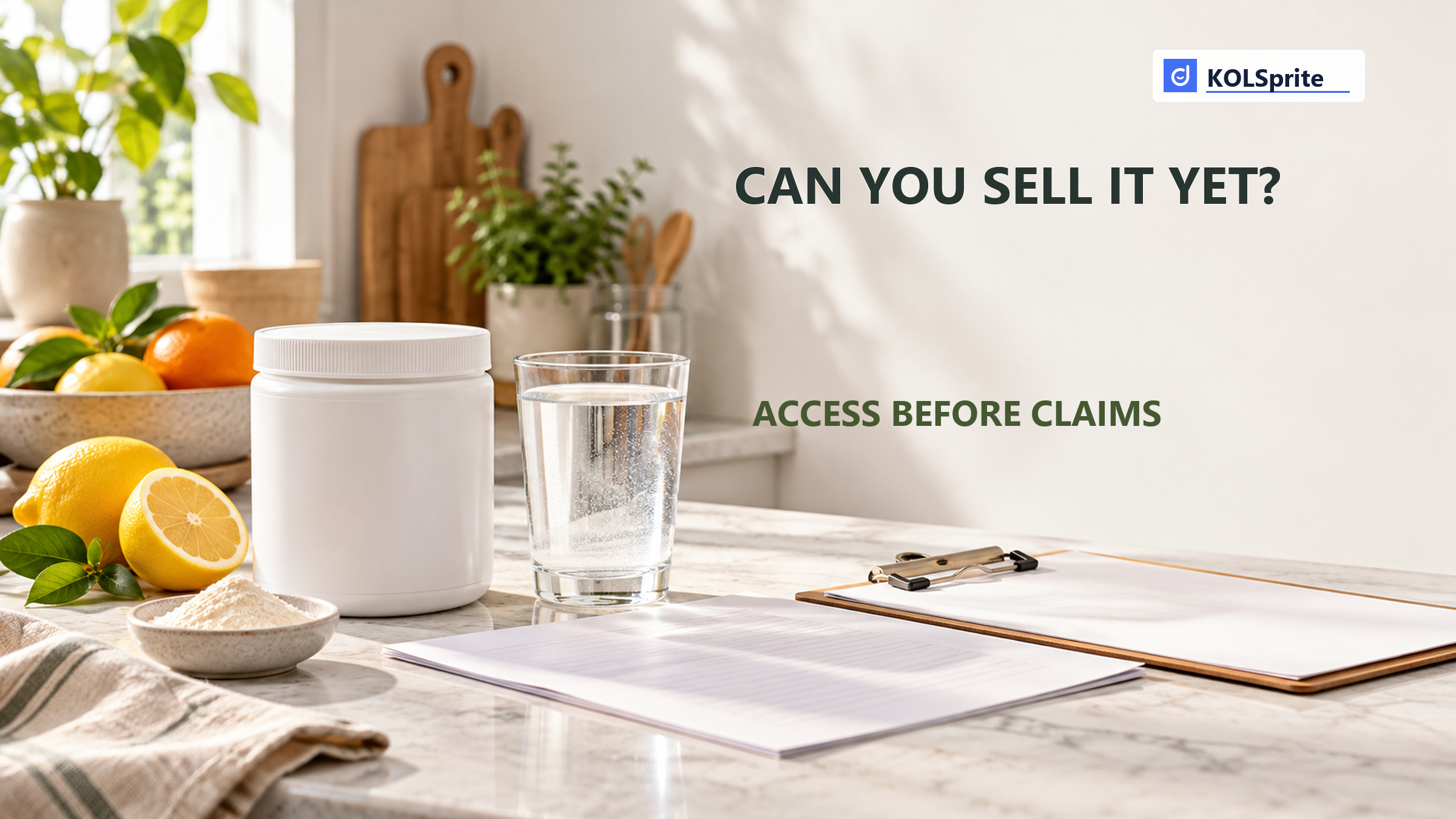 Unbranded electrolyte powder tub and water beside a blank review sheet, with a question about selling access