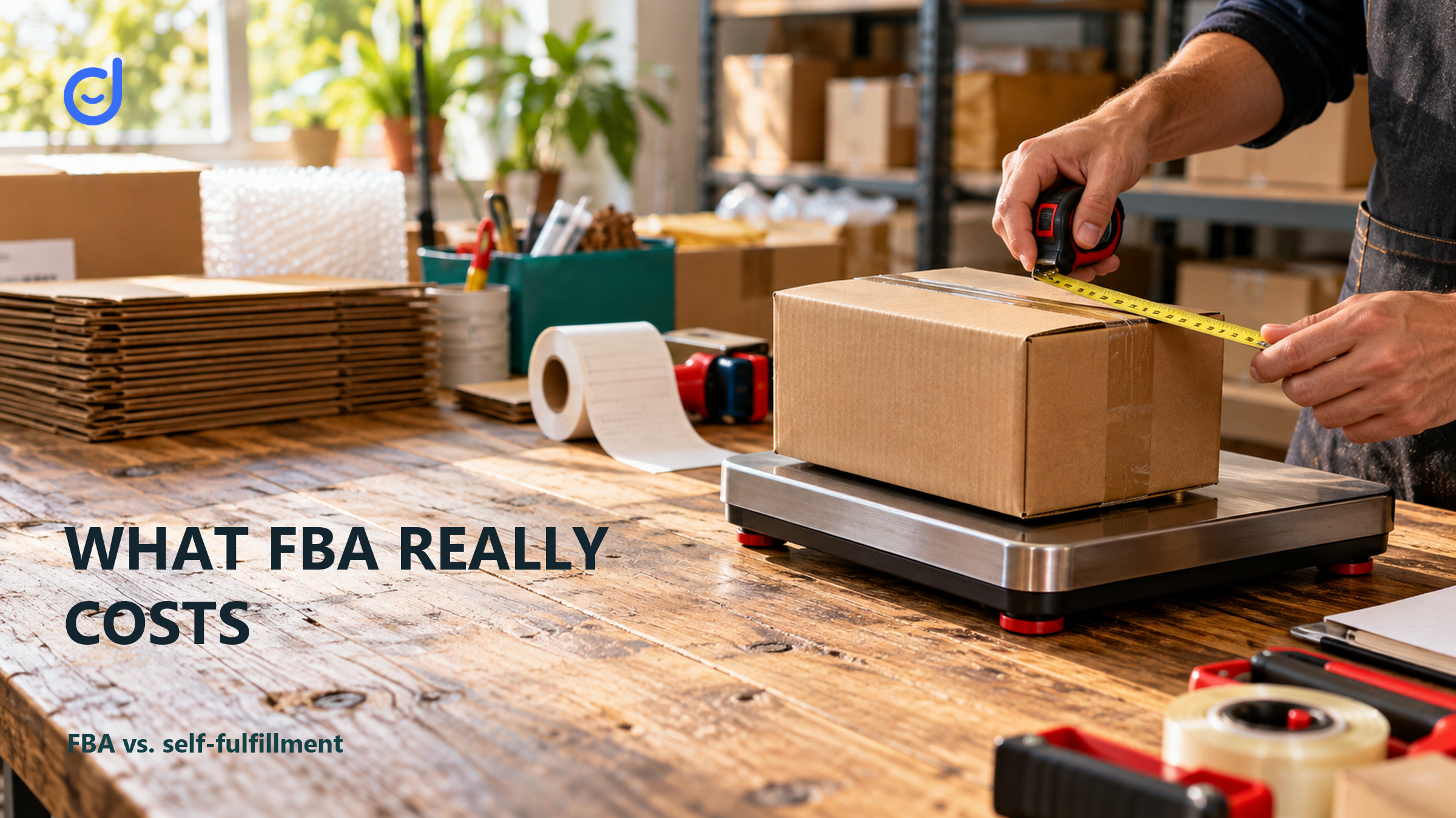 Seller measuring a parcel on a shipping scale beside the headline What FBA Really Costs.