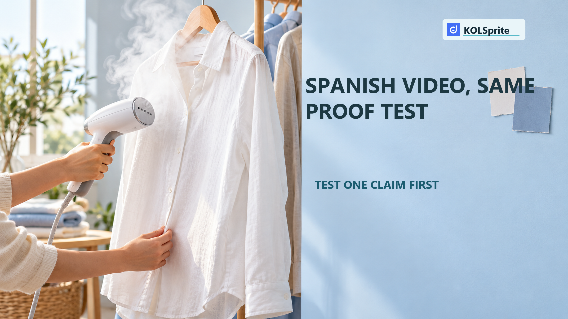A garment steamer is used on a white shirt against a blue studio wall, illustrating a Spanish TikTok Shop creative test.
